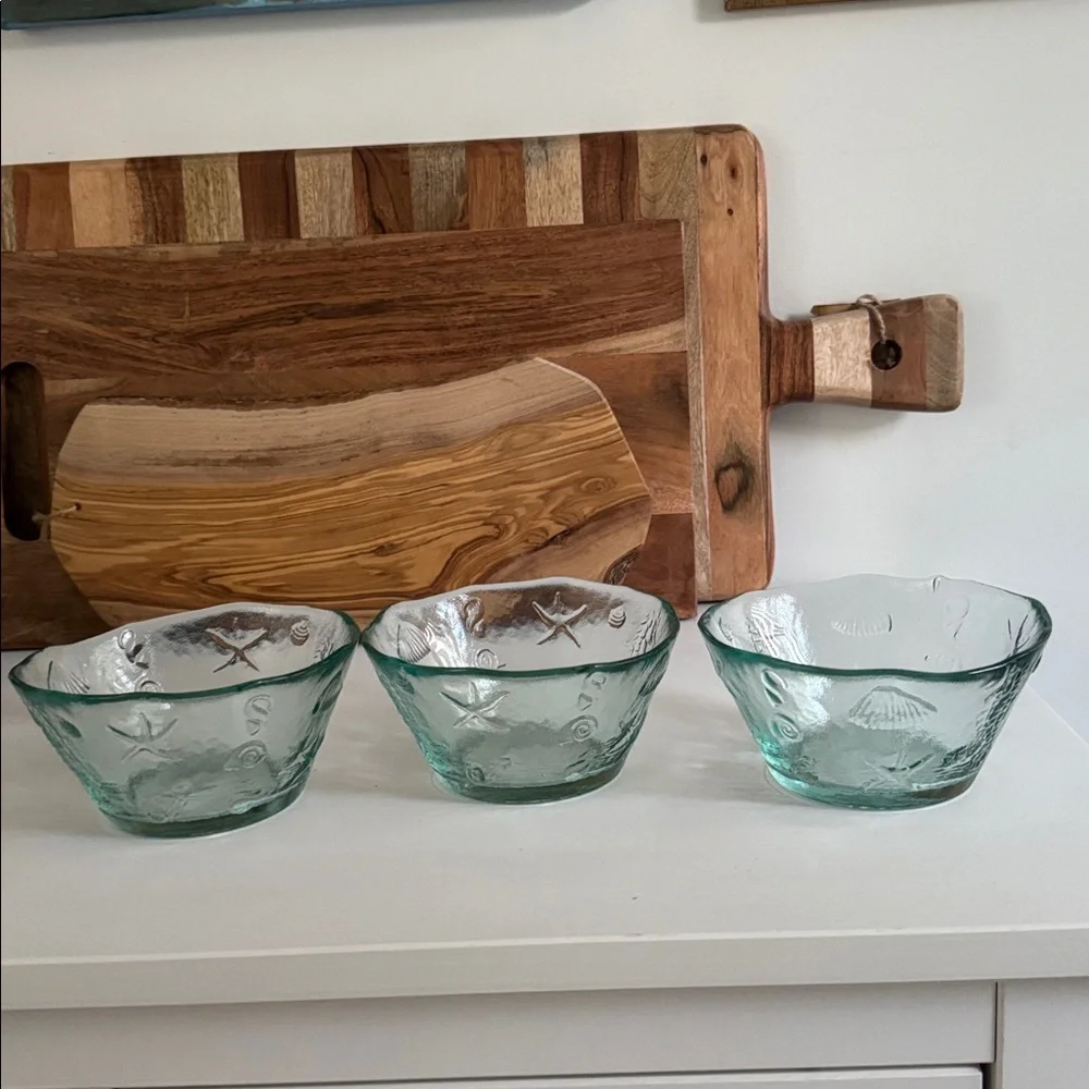 Spanish Recycled Green Glass Bowls with Coastal Theme Embossed Sea Creatures (3)